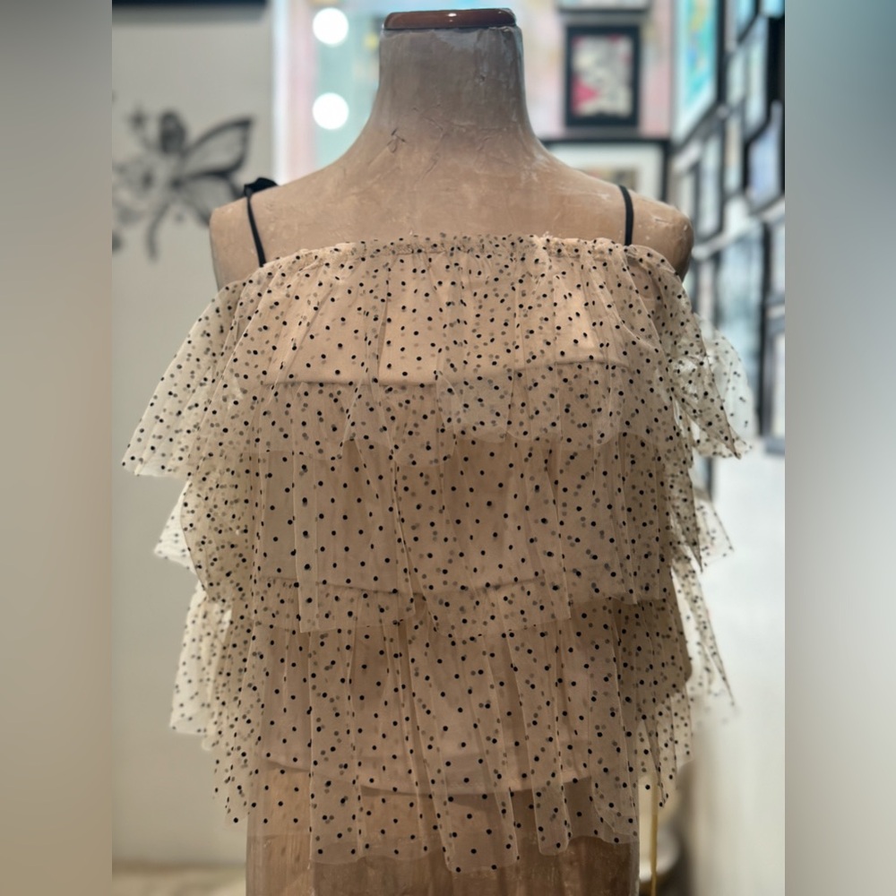Tiered Tulle Ruffle Top – Polka Dot Organza with Bow Straps